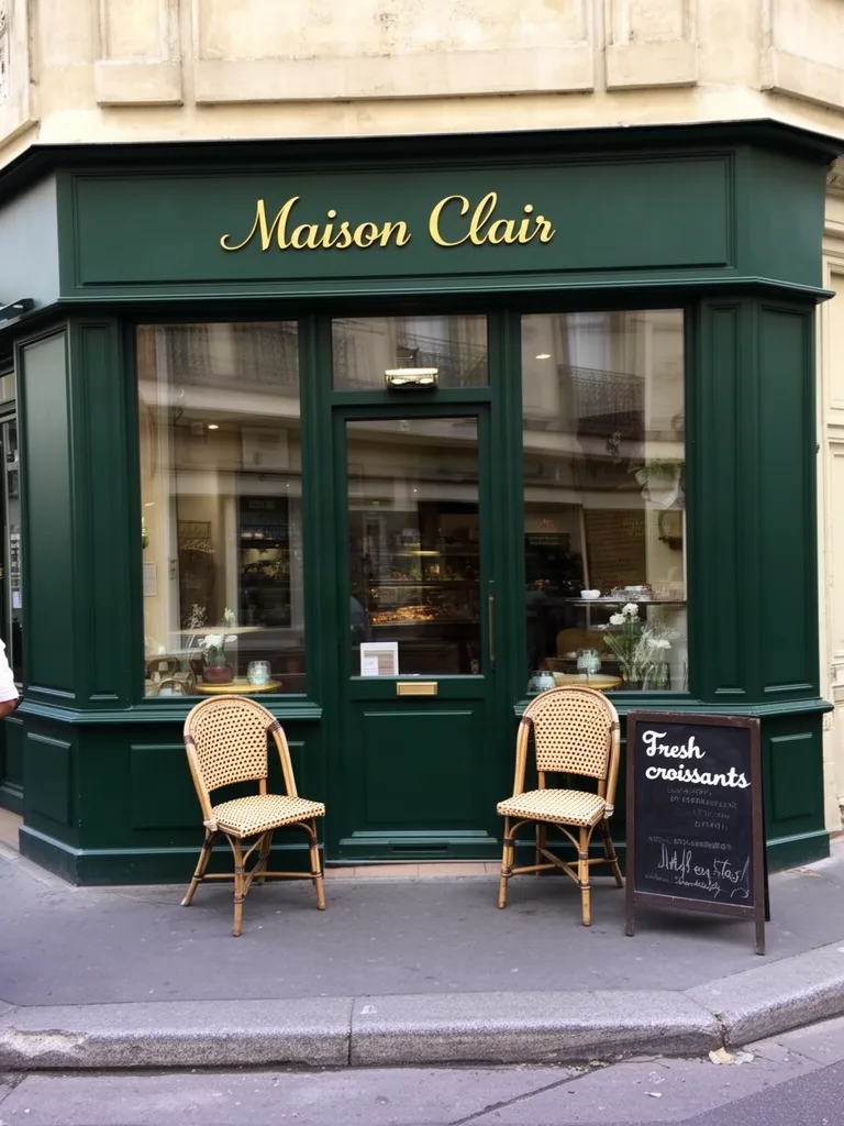 FLUX.2 [dev]: Street-level photo of a small corner café with a dark green painted facade, large windows and two bistro chairs outside. Gold lettering above the door reads "Maison Clair", and a chalkboard sign on the sidewalk reads "Fresh croissants".