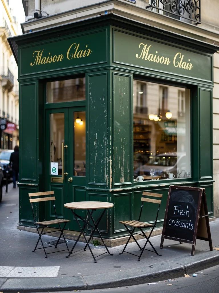 FLUX.2 [pro]: Street-level photo of a small corner café with a dark green painted facade, large windows and two bistro chairs outside. Gold lettering above the door reads "Maison Clair", and a chalkboard sign on the sidewalk reads "Fresh croissants".