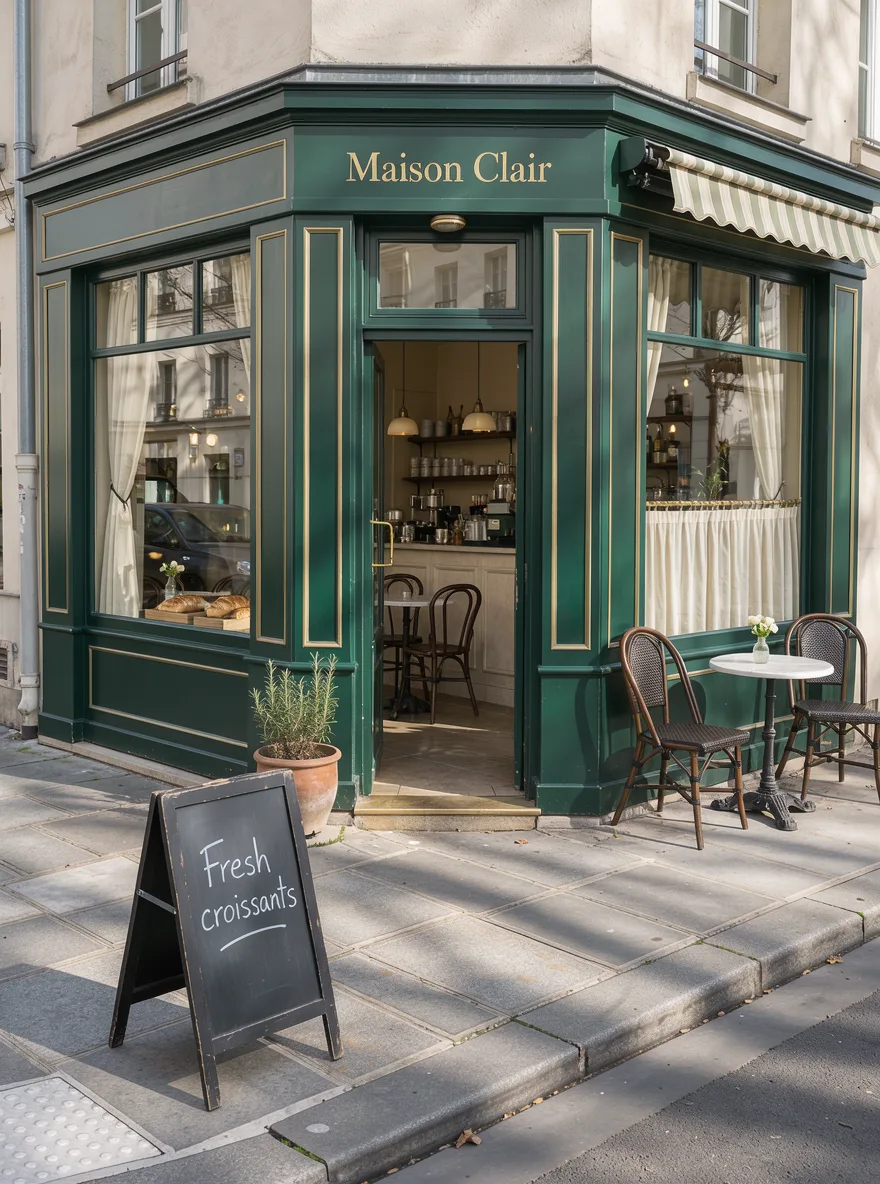 FLUX 3: Street-level photo of a small corner café with a dark green painted facade, large windows and two bistro chairs outside. Gold lettering above the door reads "Maison Clair", and a chalkboard sign on the sidewalk reads "Fresh croissants".
