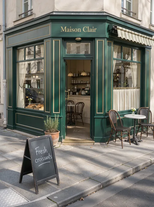 FLUX 3: Street-level photo of a small corner café with a dark green painted facade, large windows and two bistro chairs outside. Gold lettering above the door reads "Maison Clair", and a chalkboard sign on the sidewalk reads "Fresh croissants".