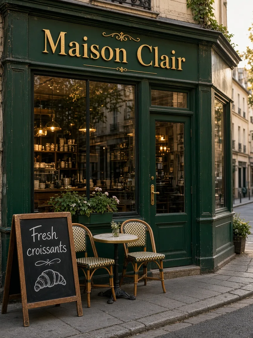 Grok Imagine 2.0: Street-level photo of a small corner café with a dark green painted facade, large windows and two bistro chairs outside. Gold lettering above the door reads "Maison Clair", and a chalkboard sign on the sidewalk reads "Fresh croissants".