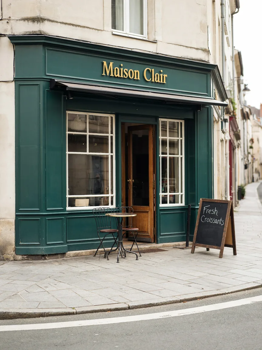 Ideogram V4.5: Street-level photo of a small corner café with a dark green painted facade, large windows and two bistro chairs outside. Gold lettering above the door reads "Maison Clair", and a chalkboard sign on the sidewalk reads "Fresh croissants".