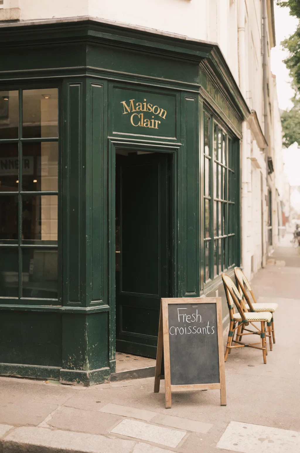 Luma Uni-1 Max: Street-level photo of a small corner café with a dark green painted facade, large windows and two bistro chairs outside. Gold lettering above the door reads "Maison Clair", and a chalkboard sign on the sidewalk reads "Fresh croissants".