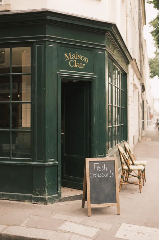 Luma Uni-1 Max: Street-level photo of a small corner café with a dark green painted facade, large windows and two bistro chairs outside. Gold lettering above the door reads "Maison Clair", and a chalkboard sign on the sidewalk reads "Fresh croissants".