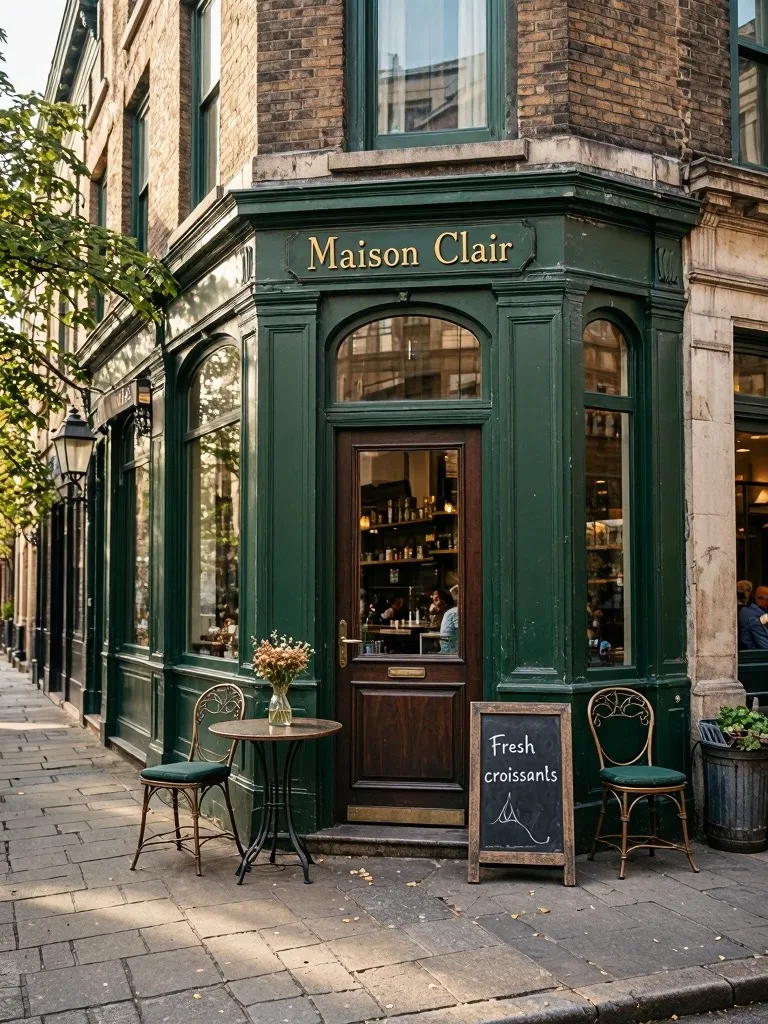 MAI-Image-2.5-Pro: Street-level photo of a small corner café with a dark green painted facade, large windows and two bistro chairs outside. Gold lettering above the door reads "Maison Clair", and a chalkboard sign on the sidewalk reads "Fresh croissants".