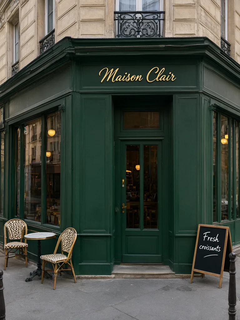 Qwen Image 3: Street-level photo of a small corner café with a dark green painted facade, large windows and two bistro chairs outside. Gold lettering above the door reads "Maison Clair", and a chalkboard sign on the sidewalk reads "Fresh croissants".