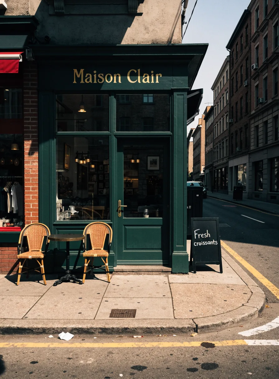 Recraft V4.1: Street-level photo of a small corner café with a dark green painted facade, large windows and two bistro chairs outside. Gold lettering above the door reads "Maison Clair", and a chalkboard sign on the sidewalk reads "Fresh croissants".