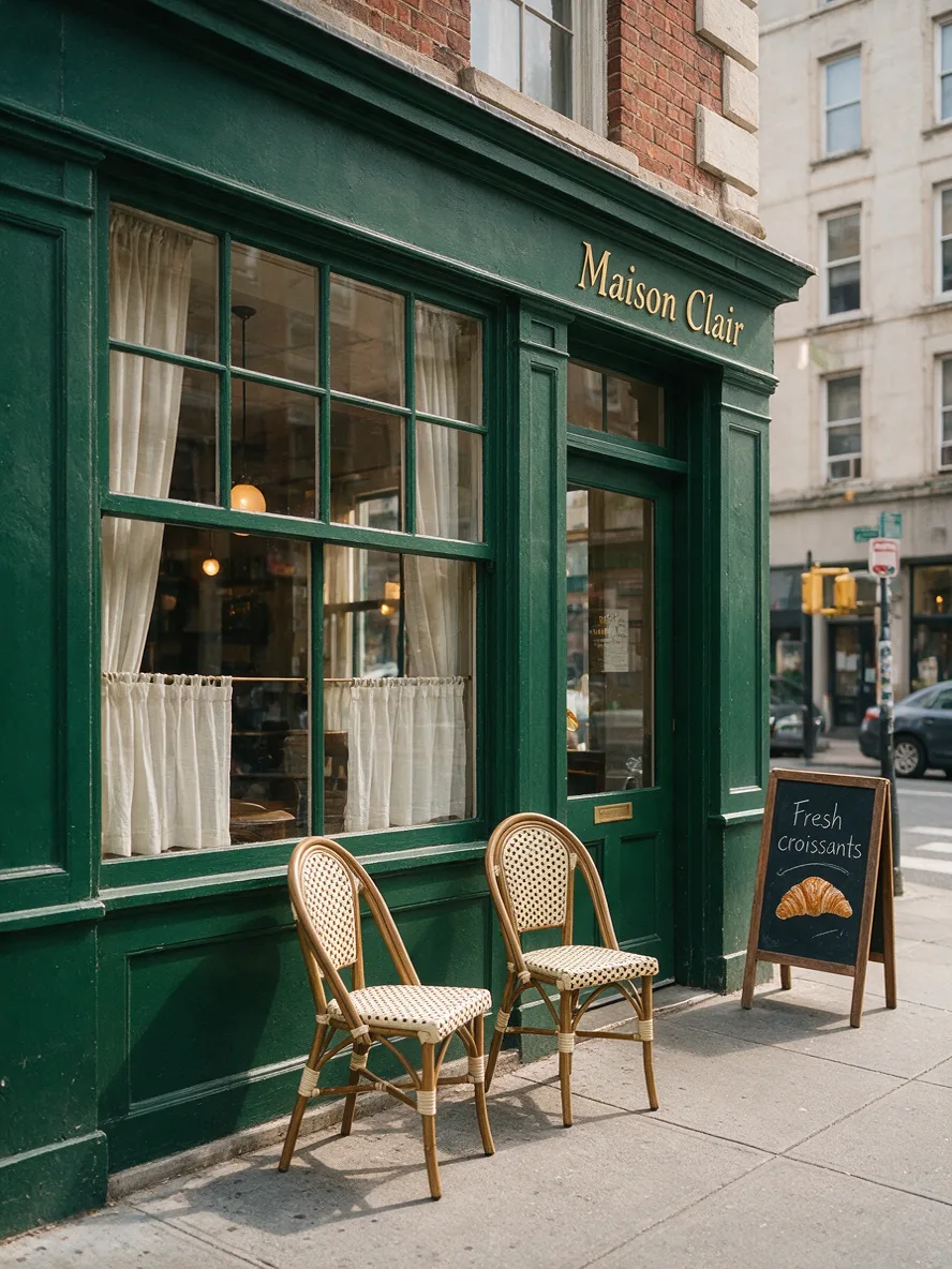 Seedream 5.0 Pro: Street-level photo of a small corner café with a dark green painted facade, large windows and two bistro chairs outside. Gold lettering above the door reads "Maison Clair", and a chalkboard sign on the sidewalk reads "Fresh croissants".