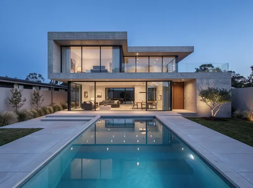 FLUX 3: Architectural exterior photo of a two-story modern concrete and glass house at blue hour, warm interior lights glowing through floor-to-ceiling windows, a rectangular swimming pool in front reflecting the house, minimal landscaping.