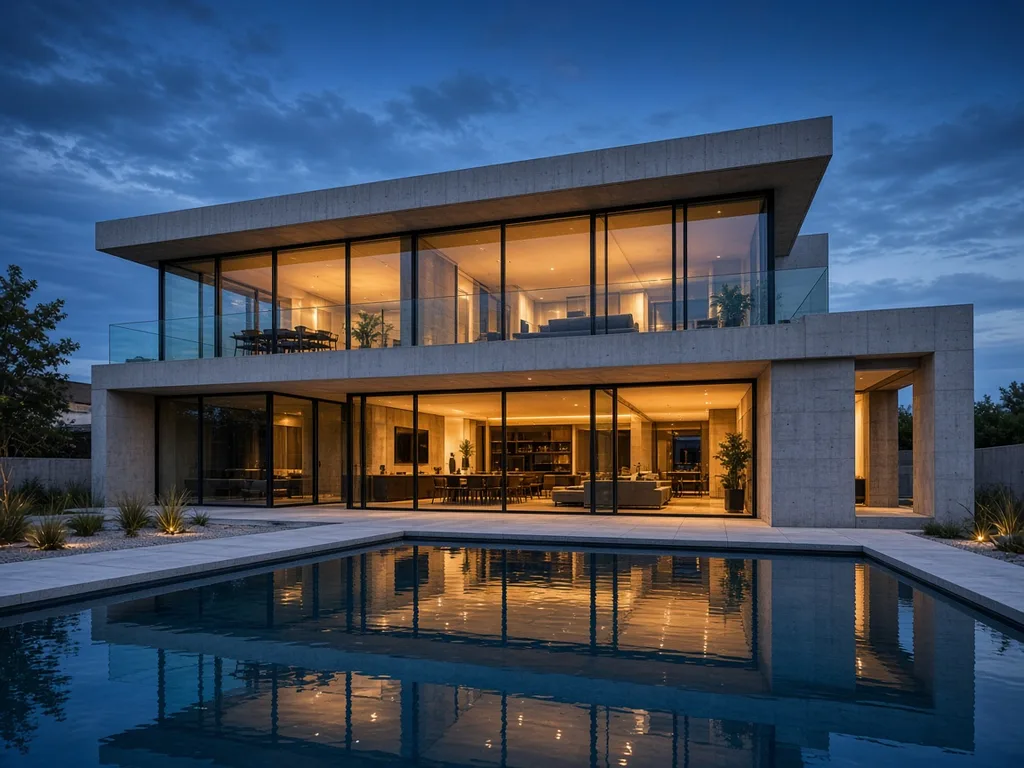 Grok Imagine 2.0: Architectural exterior photo of a two-story modern concrete and glass house at blue hour, warm interior lights glowing through floor-to-ceiling windows, a rectangular swimming pool in front reflecting the house, minimal landscaping.