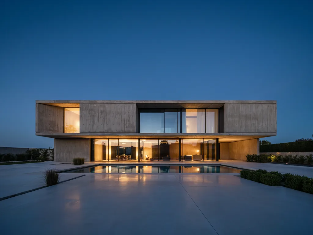 Ideogram V4.5: Architectural exterior photo of a two-story modern concrete and glass house at blue hour, warm interior lights glowing through floor-to-ceiling windows, a rectangular swimming pool in front reflecting the house, minimal landscaping.