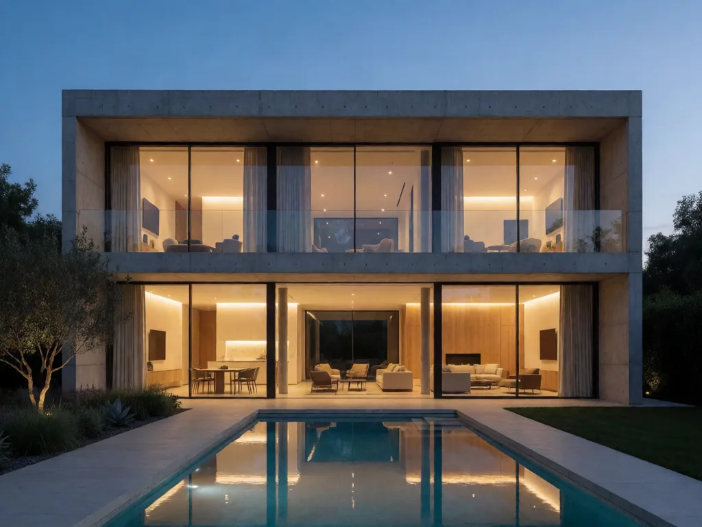 Krea 2 Turbo: Architectural exterior photo of a two-story modern concrete and glass house at blue hour, warm interior lights glowing through floor-to-ceiling windows, a rectangular swimming pool in front reflecting the house, minimal landscaping.