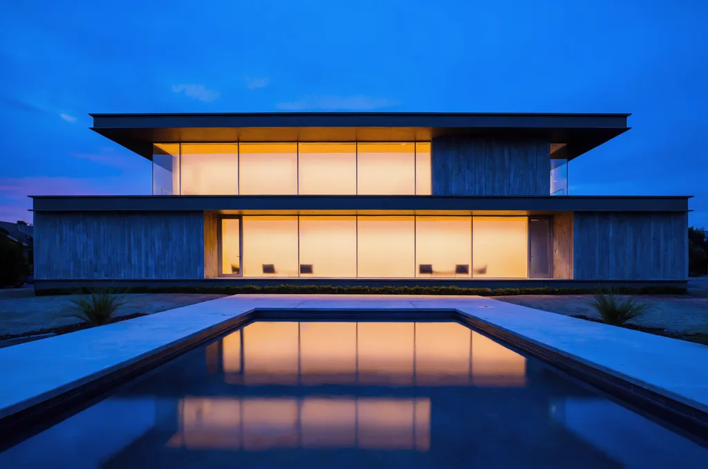 Luma Uni-1 Max: Architectural exterior photo of a two-story modern concrete and glass house at blue hour, warm interior lights glowing through floor-to-ceiling windows, a rectangular swimming pool in front reflecting the house, minimal landscaping.