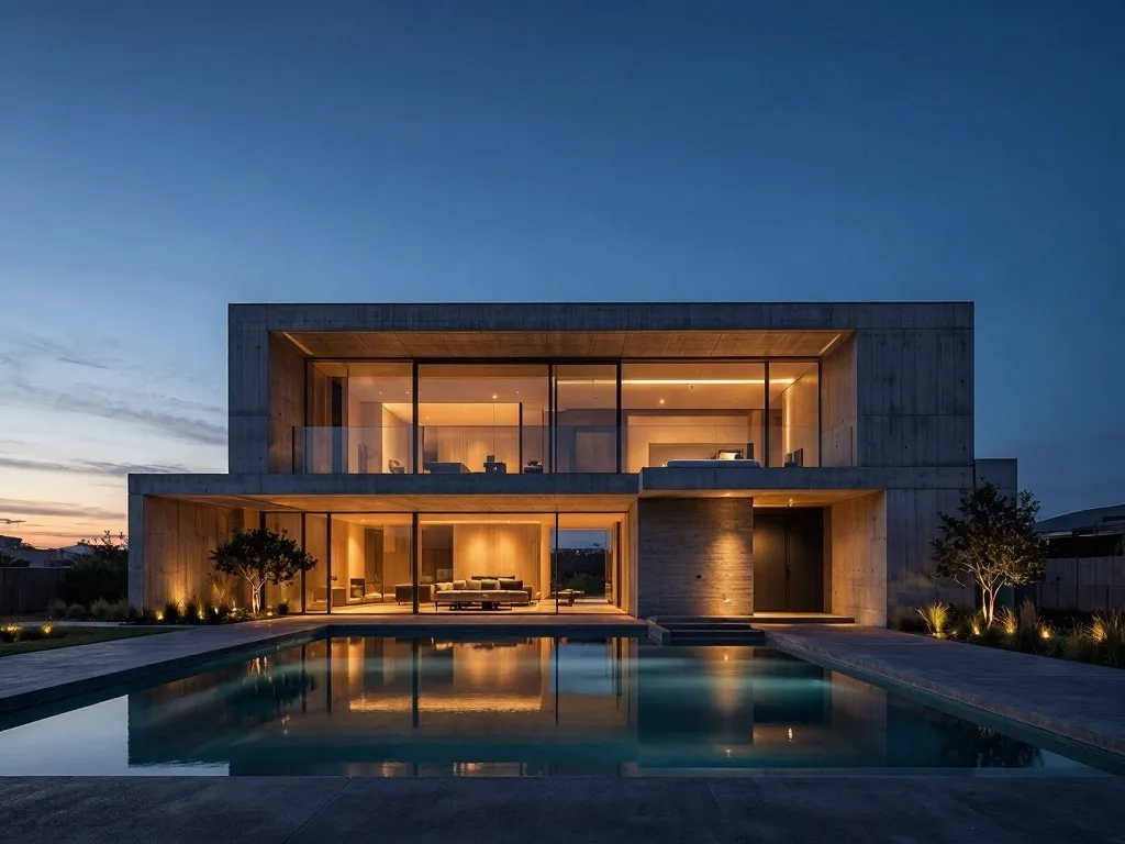 MAI-Image-2.5-Pro: Architectural exterior photo of a two-story modern concrete and glass house at blue hour, warm interior lights glowing through floor-to-ceiling windows, a rectangular swimming pool in front reflecting the house, minimal landscaping.