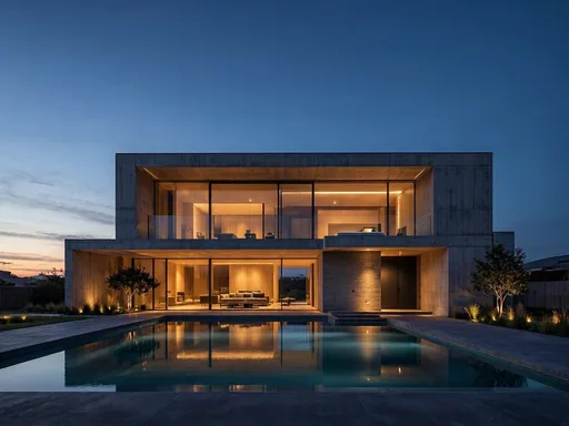 MAI-Image-2.5-Pro: Architectural exterior photo of a two-story modern concrete and glass house at blue hour, warm interior lights glowing through floor-to-ceiling windows, a rectangular swimming pool in front reflecting the house, minimal landscaping.
