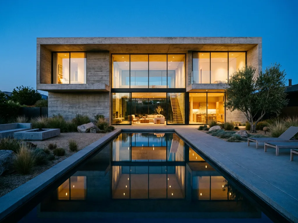 Nano Banana Pro: Architectural exterior photo of a two-story modern concrete and glass house at blue hour, warm interior lights glowing through floor-to-ceiling windows, a rectangular swimming pool in front reflecting the house, minimal landscaping.