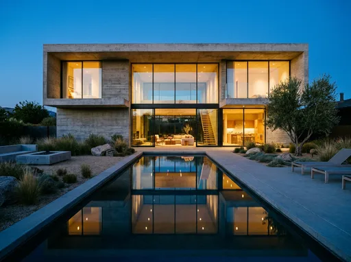 Nano Banana Pro output for the "Modern house at blue hour" prompt