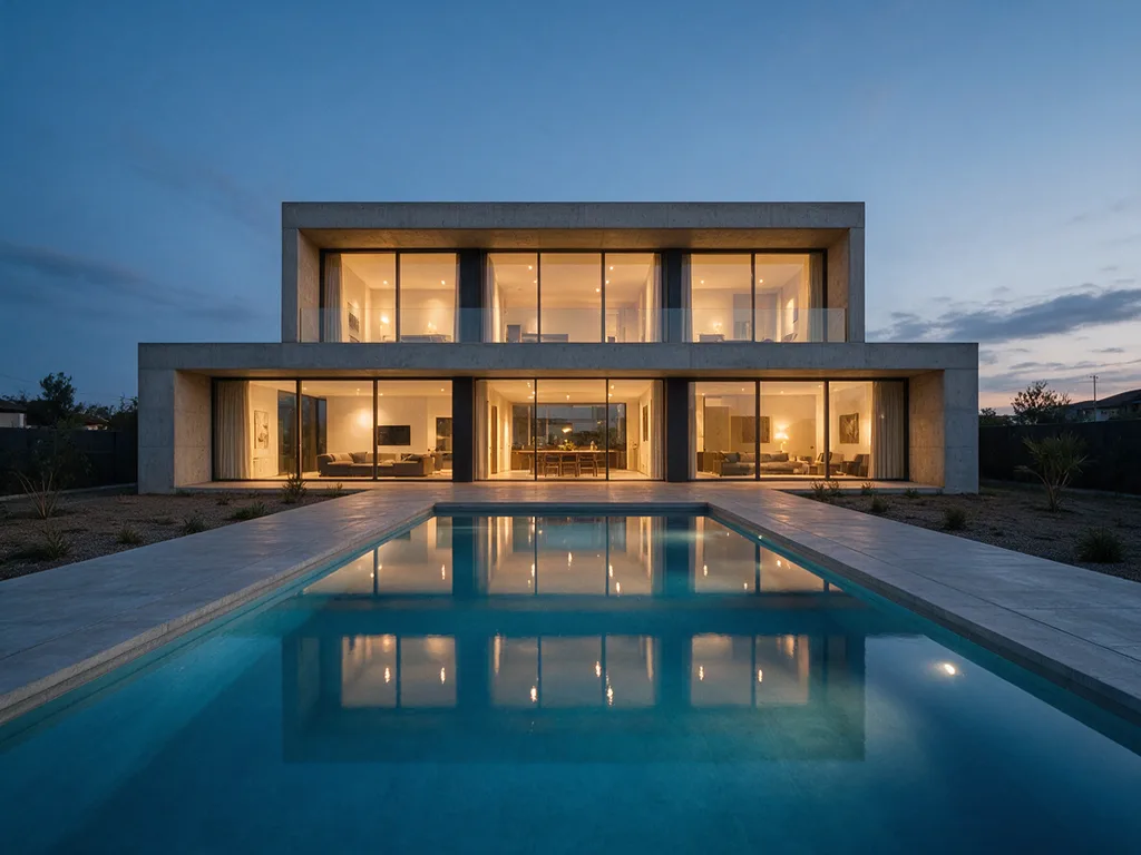 Seedream 5.0 Pro: Architectural exterior photo of a two-story modern concrete and glass house at blue hour, warm interior lights glowing through floor-to-ceiling windows, a rectangular swimming pool in front reflecting the house, minimal landscaping.