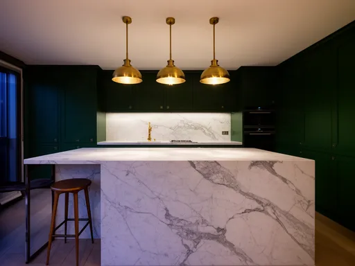 FLUX.2 [dev] output for the "Marble kitchen with three pendants" prompt