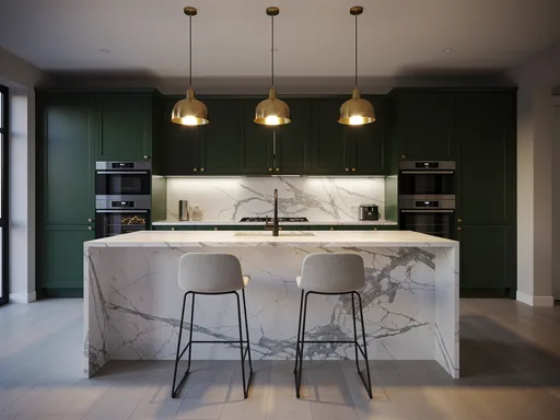 FLUX.2 [pro] output for the "Marble kitchen with three pendants" prompt