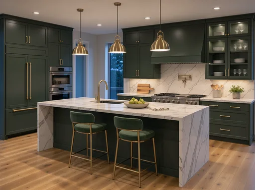 FLUX 3: Luxury kitchen interior with a white marble island with gray veining, exactly three brass pendant lights in a row above it, dark green cabinets and two bar stools. Evening ambient light with the pendants switched on.