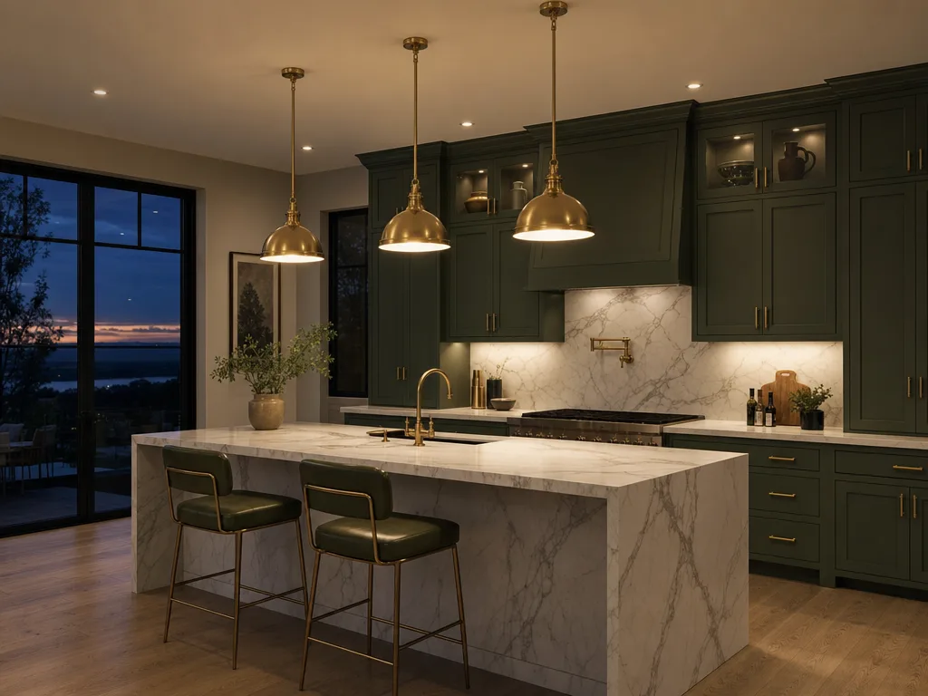 GPT Image 2: Luxury kitchen interior with a white marble island with gray veining, exactly three brass pendant lights in a row above it, dark green cabinets and two bar stools. Evening ambient light with the pendants switched on.