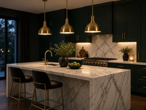 Grok Imagine 2.0: Marble kitchen with three pendants