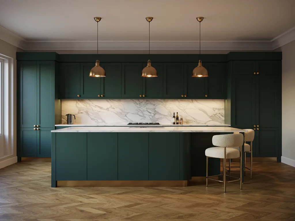 Ideogram V4.5: Luxury kitchen interior with a white marble island with gray veining, exactly three brass pendant lights in a row above it, dark green cabinets and two bar stools. Evening ambient light with the pendants switched on.