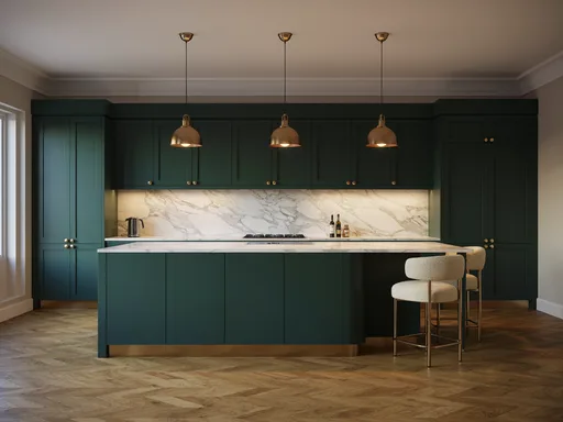 Ideogram V4.5 output for the "Marble kitchen with three pendants" prompt