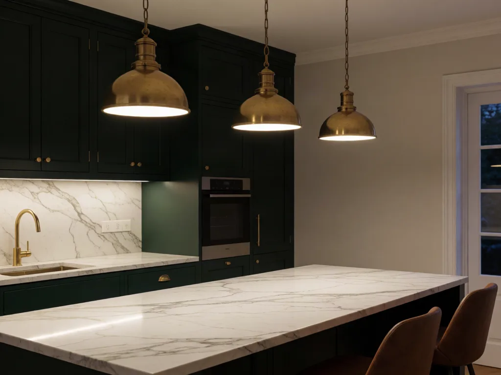 Krea 2 Turbo: Luxury kitchen interior with a white marble island with gray veining, exactly three brass pendant lights in a row above it, dark green cabinets and two bar stools. Evening ambient light with the pendants switched on.