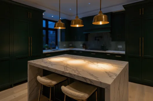 Luma Uni-1 Max: Luxury kitchen interior with a white marble island with gray veining, exactly three brass pendant lights in a row above it, dark green cabinets and two bar stools. Evening ambient light with the pendants switched on.
