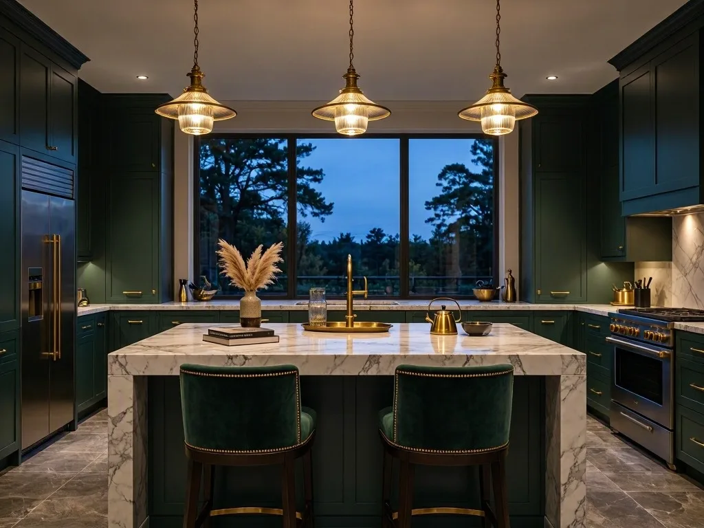 MAI-Image-2.5-Pro: Luxury kitchen interior with a white marble island with gray veining, exactly three brass pendant lights in a row above it, dark green cabinets and two bar stools. Evening ambient light with the pendants switched on.