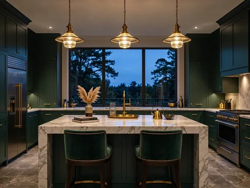 MAI-Image-2.5-Pro: Luxury kitchen interior with a white marble island with gray veining, exactly three brass pendant lights in a row above it, dark green cabinets and two bar stools. Evening ambient light with the pendants switched on.