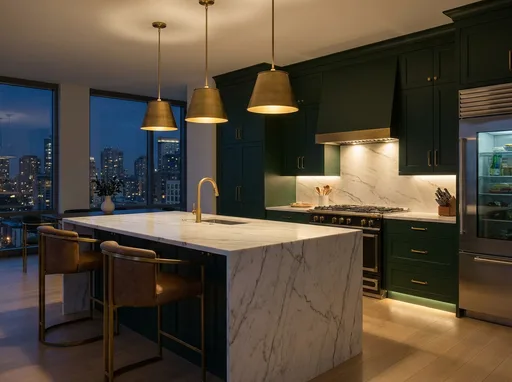 Nano Banana Pro output for the "Marble kitchen with three pendants" prompt