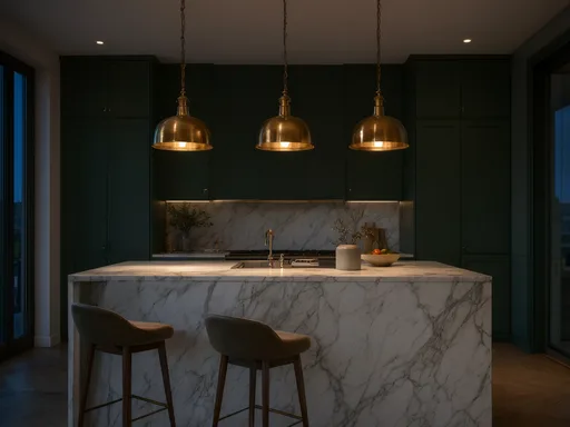 Qwen Image 3: Marble kitchen with three pendants