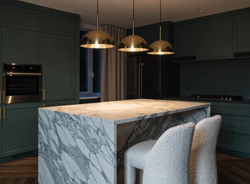 Recraft V4.1 output for the "Marble kitchen with three pendants" prompt