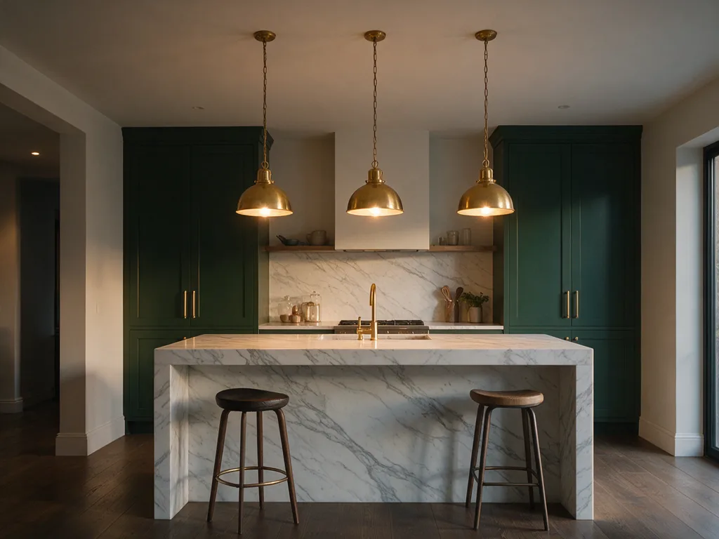 Seedream 5.0 Pro: Luxury kitchen interior with a white marble island with gray veining, exactly three brass pendant lights in a row above it, dark green cabinets and two bar stools. Evening ambient light with the pendants switched on.