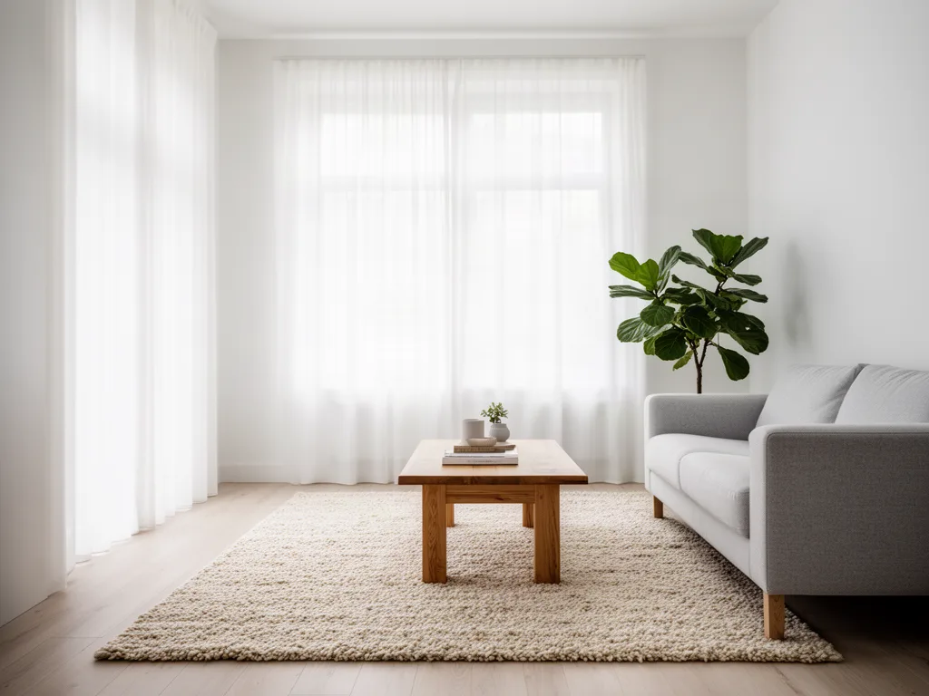 FLUX.2 [dev]: Interior design photo of a bright Scandinavian living room: a light gray sofa, an oak coffee table, a wool rug, a large window with sheer curtains and a fiddle-leaf fig plant in the corner. Soft overcast daylight, wide-angle view with vertical lines kept straight.