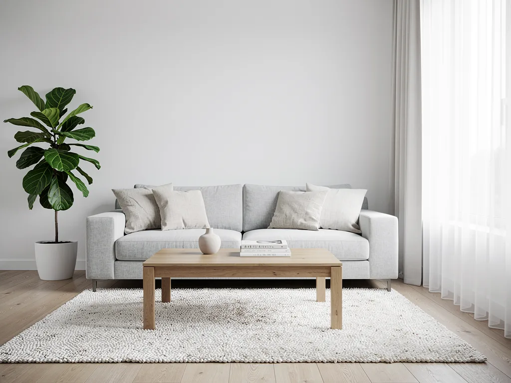 FLUX.2 [pro]: Interior design photo of a bright Scandinavian living room: a light gray sofa, an oak coffee table, a wool rug, a large window with sheer curtains and a fiddle-leaf fig plant in the corner. Soft overcast daylight, wide-angle view with vertical lines kept straight.