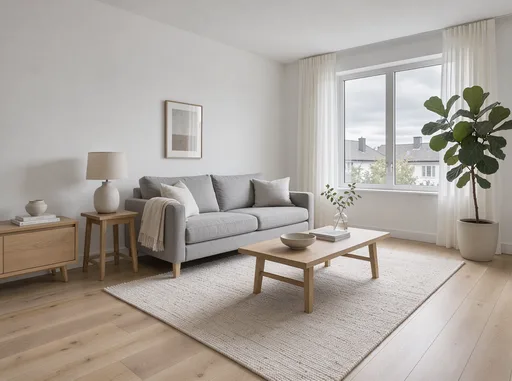 FLUX 3: Interior design photo of a bright Scandinavian living room: a light gray sofa, an oak coffee table, a wool rug, a large window with sheer curtains and a fiddle-leaf fig plant in the corner. Soft overcast daylight, wide-angle view with vertical lines kept straight.