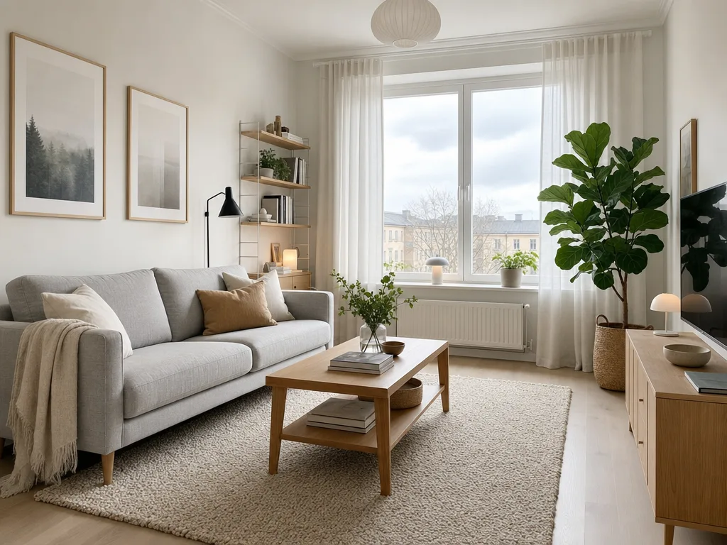 GPT Image 2: Interior design photo of a bright Scandinavian living room: a light gray sofa, an oak coffee table, a wool rug, a large window with sheer curtains and a fiddle-leaf fig plant in the corner. Soft overcast daylight, wide-angle view with vertical lines kept straight.