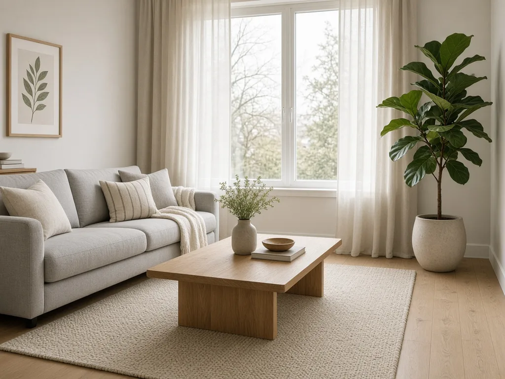 Grok Imagine 2.0: Interior design photo of a bright Scandinavian living room: a light gray sofa, an oak coffee table, a wool rug, a large window with sheer curtains and a fiddle-leaf fig plant in the corner. Soft overcast daylight, wide-angle view with vertical lines kept straight.