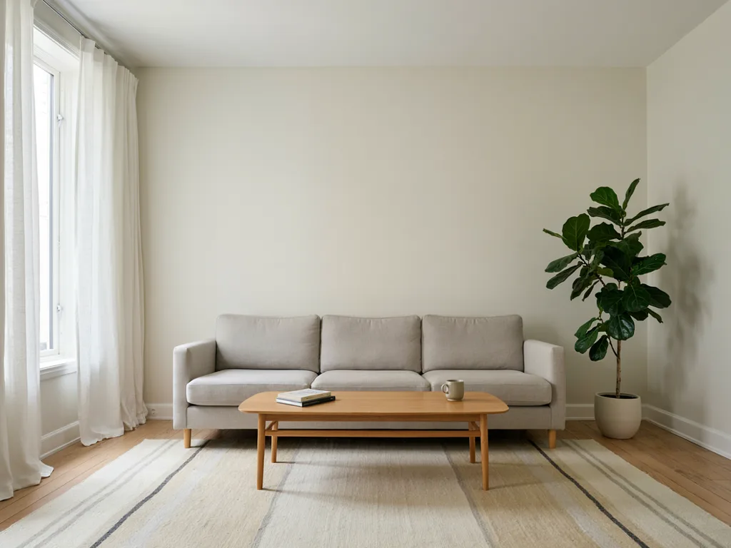 Ideogram V4.5: Interior design photo of a bright Scandinavian living room: a light gray sofa, an oak coffee table, a wool rug, a large window with sheer curtains and a fiddle-leaf fig plant in the corner. Soft overcast daylight, wide-angle view with vertical lines kept straight.