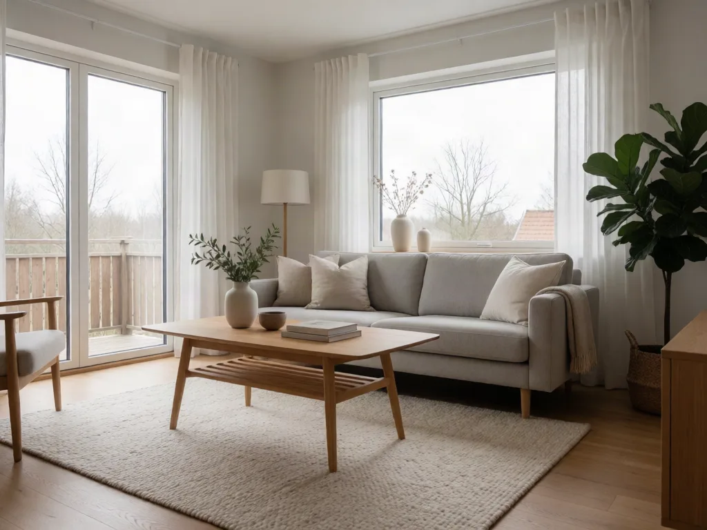 Krea 2 Turbo: Interior design photo of a bright Scandinavian living room: a light gray sofa, an oak coffee table, a wool rug, a large window with sheer curtains and a fiddle-leaf fig plant in the corner. Soft overcast daylight, wide-angle view with vertical lines kept straight.