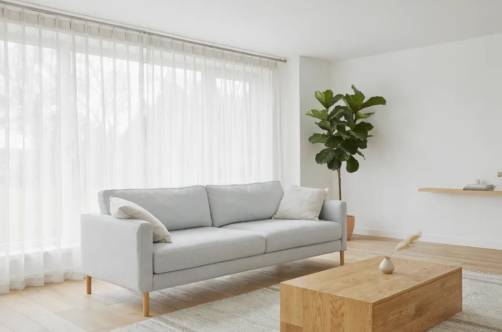 Luma Uni-1 Max: Interior design photo of a bright Scandinavian living room: a light gray sofa, an oak coffee table, a wool rug, a large window with sheer curtains and a fiddle-leaf fig plant in the corner. Soft overcast daylight, wide-angle view with vertical lines kept straight.
