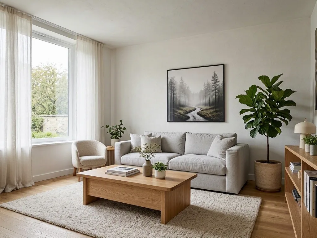 MAI-Image-2.5-Pro: Interior design photo of a bright Scandinavian living room: a light gray sofa, an oak coffee table, a wool rug, a large window with sheer curtains and a fiddle-leaf fig plant in the corner. Soft overcast daylight, wide-angle view with vertical lines kept straight.