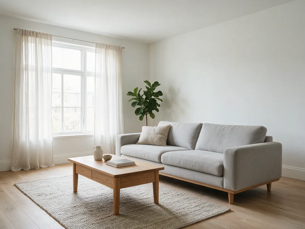 Seedream 5.0 Pro: Interior design photo of a bright Scandinavian living room: a light gray sofa, an oak coffee table, a wool rug, a large window with sheer curtains and a fiddle-leaf fig plant in the corner. Soft overcast daylight, wide-angle view with vertical lines kept straight.