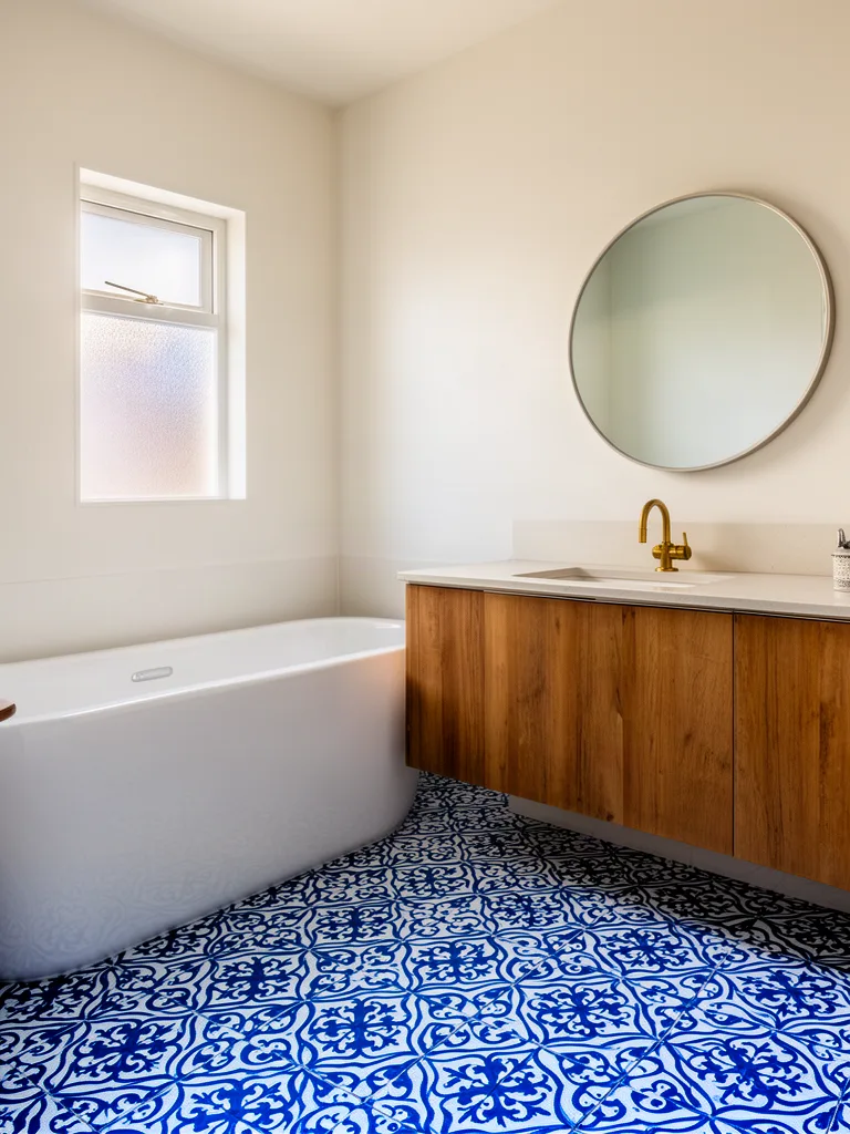 FLUX.2 [dev]: Bathroom interior with blue and white patterned cement floor tiles, a freestanding white bathtub, a round mirror above a wooden vanity and a brass faucet. Morning light from a small frosted window.