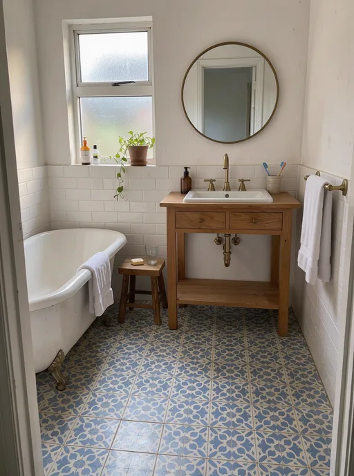 FLUX 3: Bathroom interior with blue and white patterned cement floor tiles, a freestanding white bathtub, a round mirror above a wooden vanity and a brass faucet. Morning light from a small frosted window.