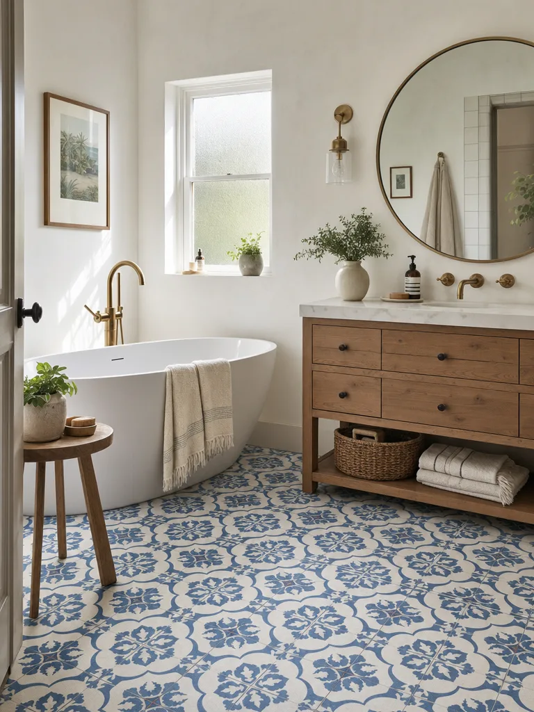 GPT Image 2: Bathroom interior with blue and white patterned cement floor tiles, a freestanding white bathtub, a round mirror above a wooden vanity and a brass faucet. Morning light from a small frosted window.